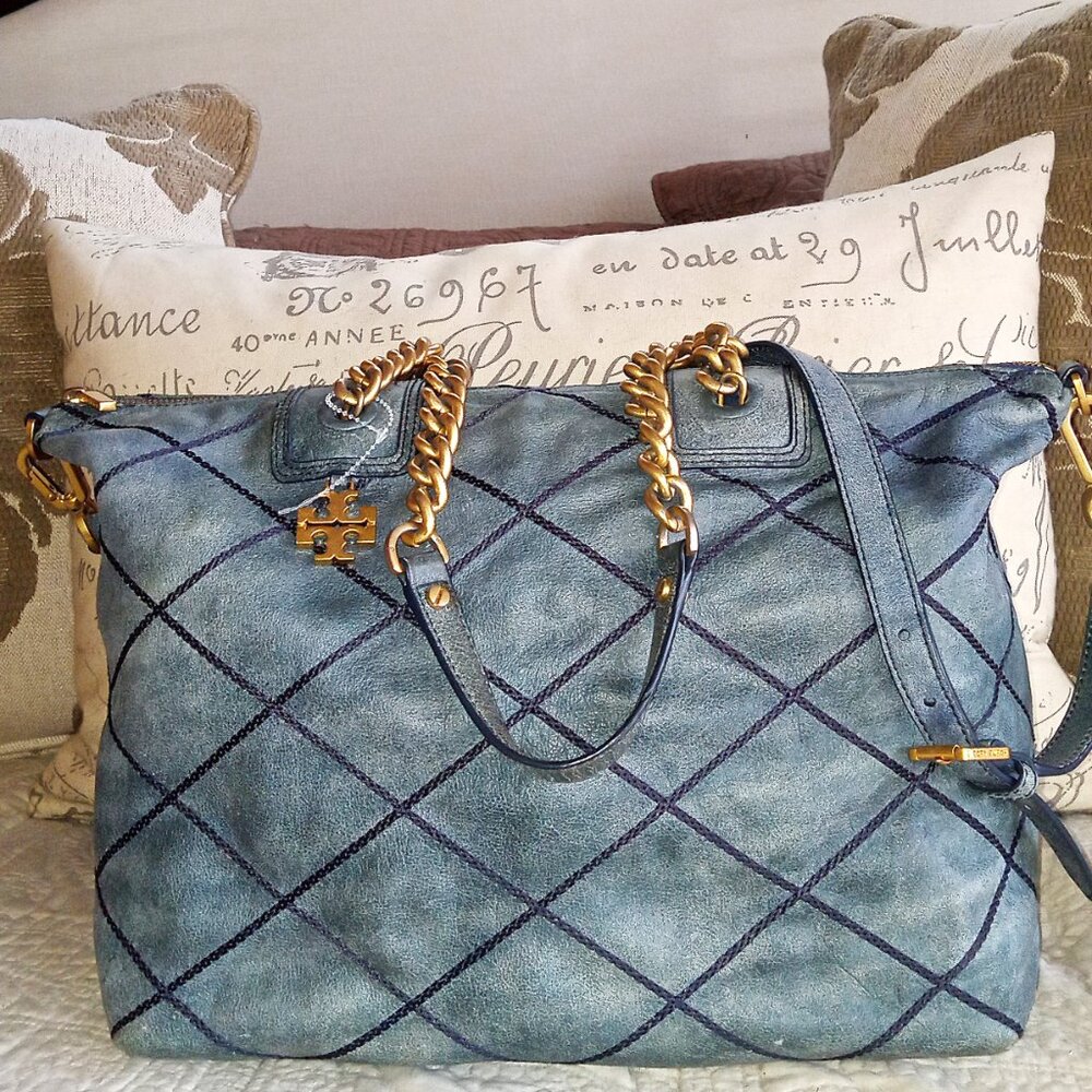 Tory Burch Lysa Large Distressed "Denim Blue" Stitched Leather Bag